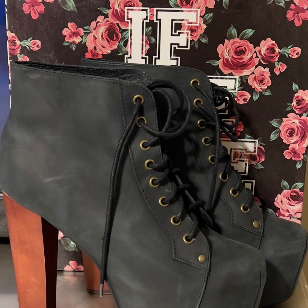 Charles David Black Lace Up Boots with Brown Heel